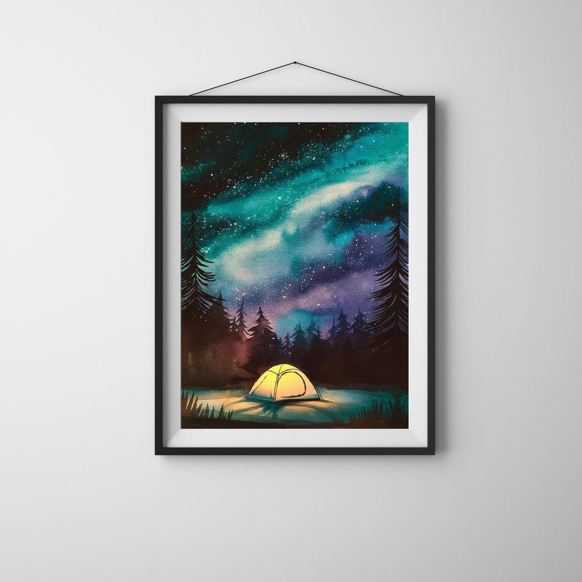 Aurora Borealis Over a Glowing Tent Night Camping Scene Poster