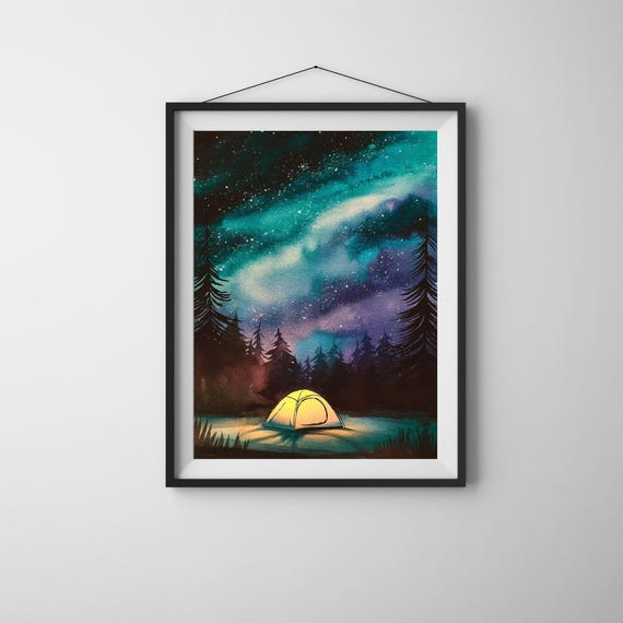 Camping Under Stars Wall Art Night Sky Forest Watercolor Tent Artwork Stargazing Nature Decor Outdoor Print