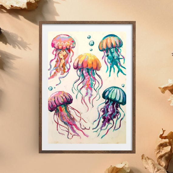 Jellyfish Wall Art Colorful Ocean Animal Poster Underwater Nursery Decor Sea Life Coastal Room Print