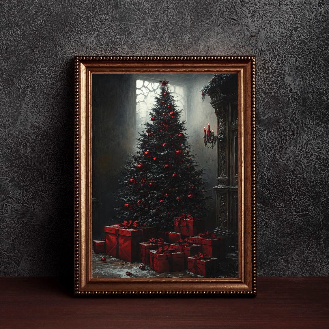Gothic Dark Christmas Tree Red Ornaments Holiday Season Wall Art