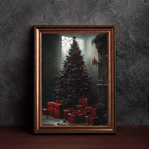 Gothic Dark Christmas Tree Red Ornaments Holiday Season Wall Art