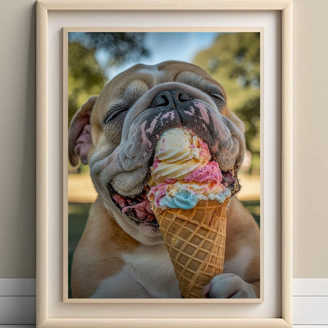 Bulldog Print, Funny Dog Eating Ice Cream