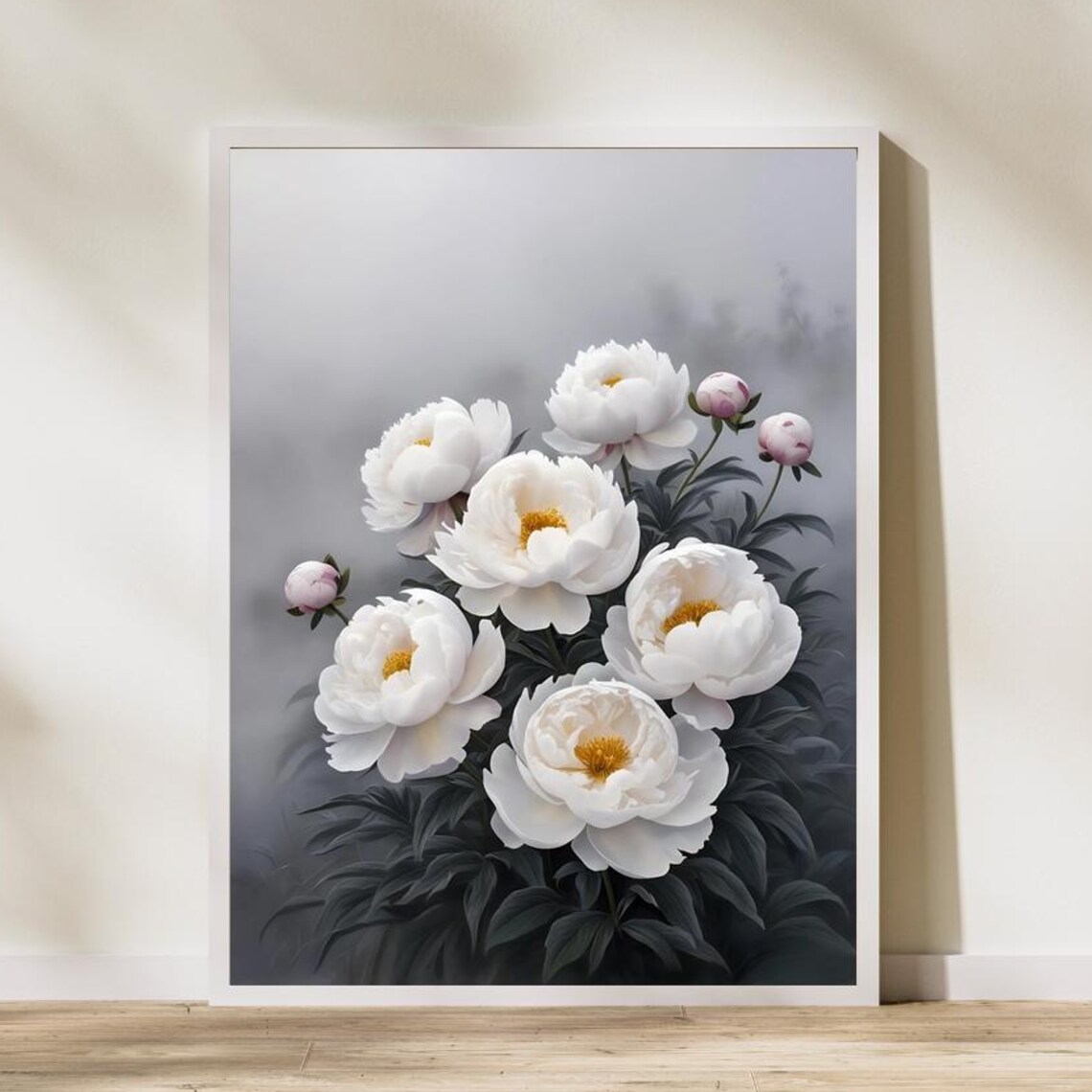 White Peony Botanical Art Print, Minimalist Spring Decor