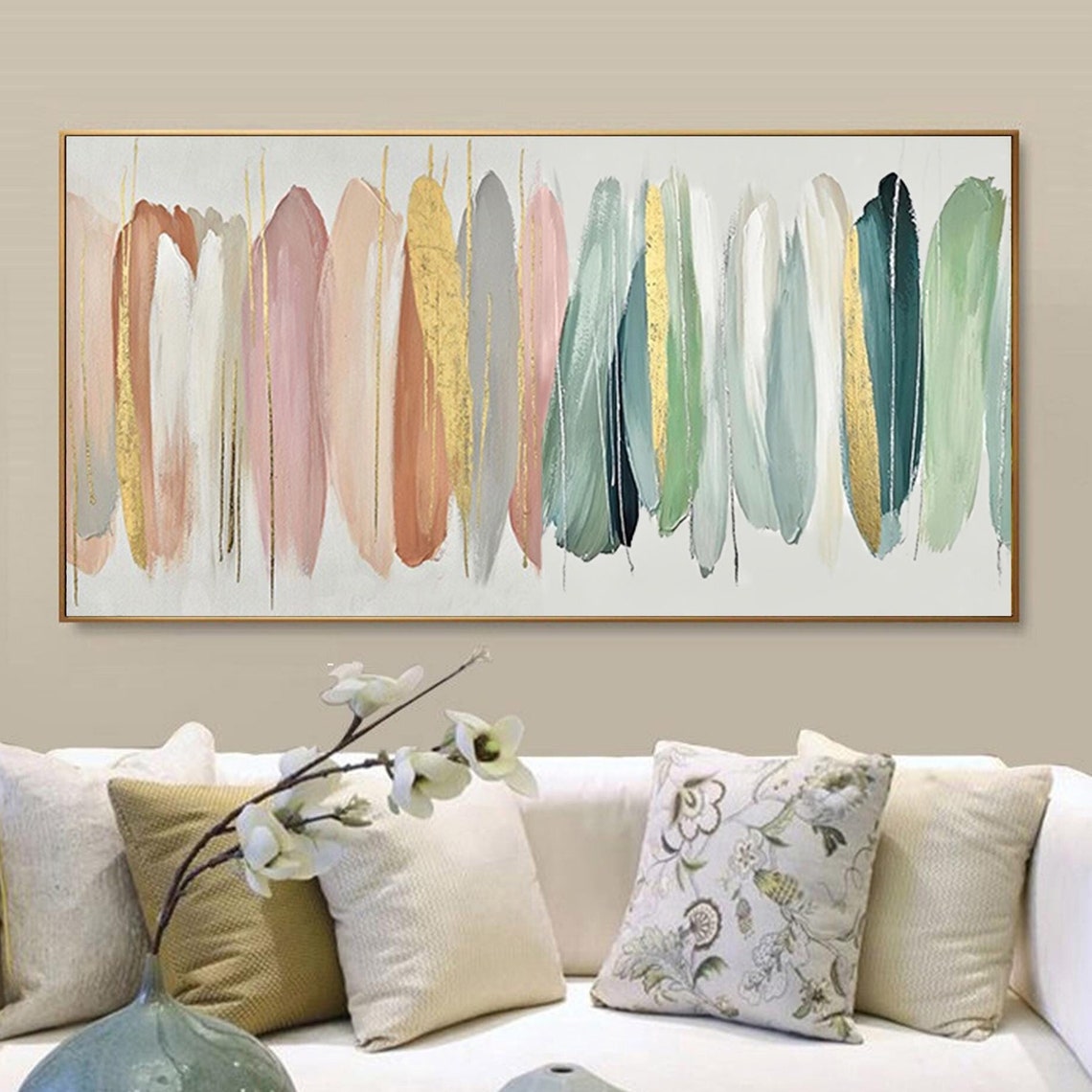 Pastel Feather Brushstrokes Blush Pink Green Gold Minimal Poster