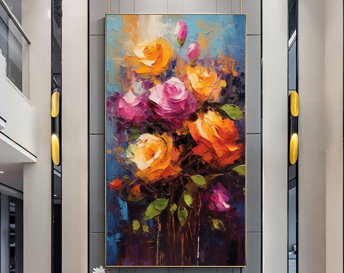 Fiery Orange Pink Roses Bouquet Vertical Oil Painting Art Print
