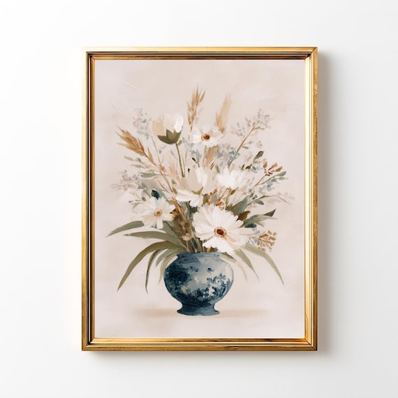 Neutral Floral Vase Print Beige Botanical Still Life Farmhouse Decor