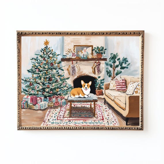 Corgi By The Fireplace Christmas Morning Cozy Dog Art Poster