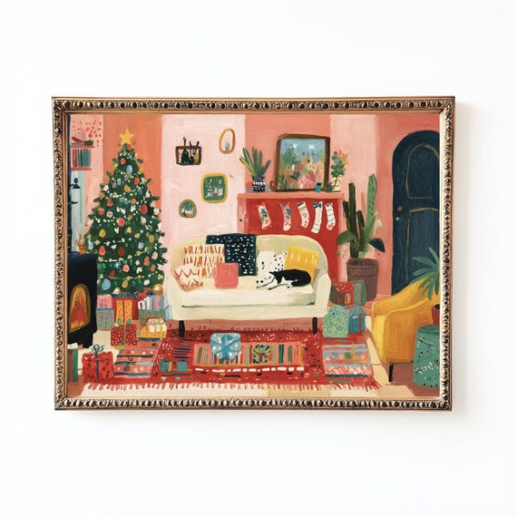Cozy Black Cat Christmas Living Room Pink Holiday Art Poster