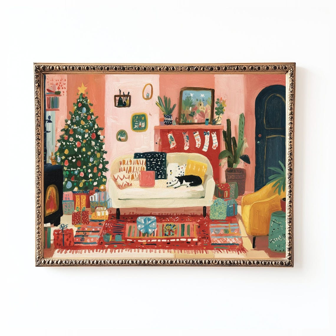 Cozy Black Cat Christmas Living Room Pink Holiday Art Poster