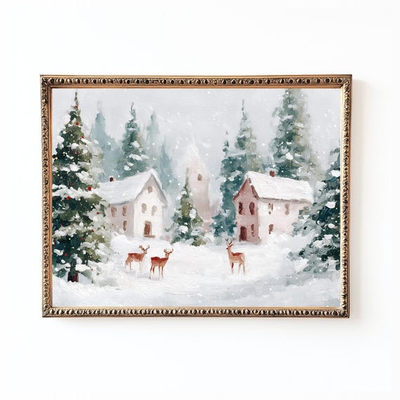 Christmas Village In Snow With Deer Cozy Holiday Painting Poster