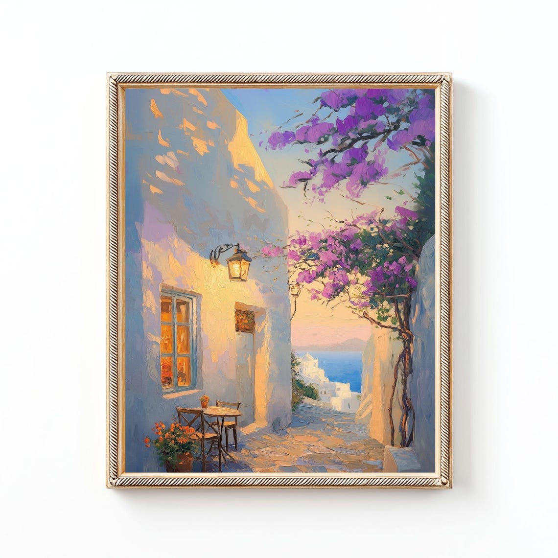 Santorini Sunset Greek Island Alley Bougainvillea Painting Poster