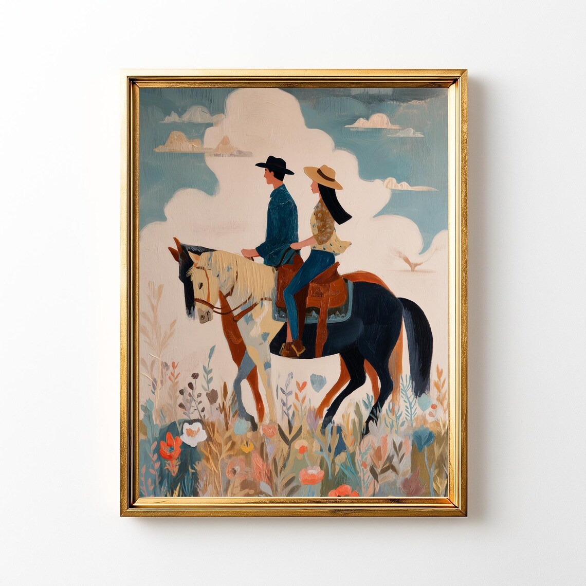 Boho Western Horseback Couple, Romantic Desert Art Print
