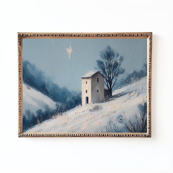 Snowy Chapel Winter Landscape Art Print Scandinavian Starry Night