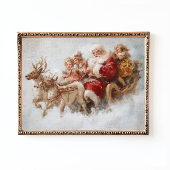 Vintage Santa Sleigh Art Print, Nostalgic Christmas Decor