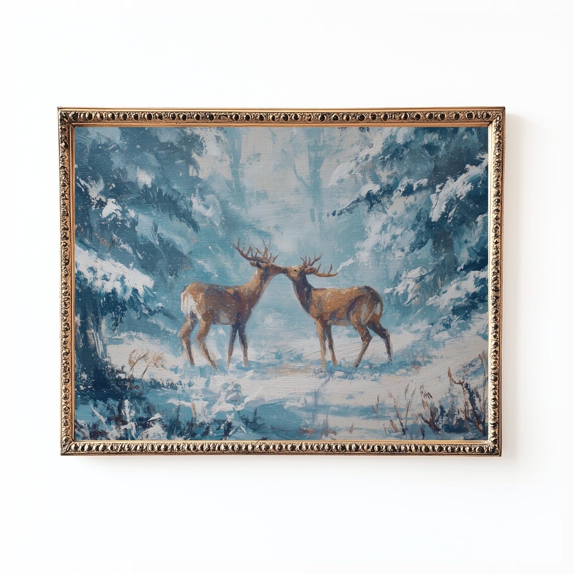 Kissing Stags Winter Forest Rustic Cabin Art Print