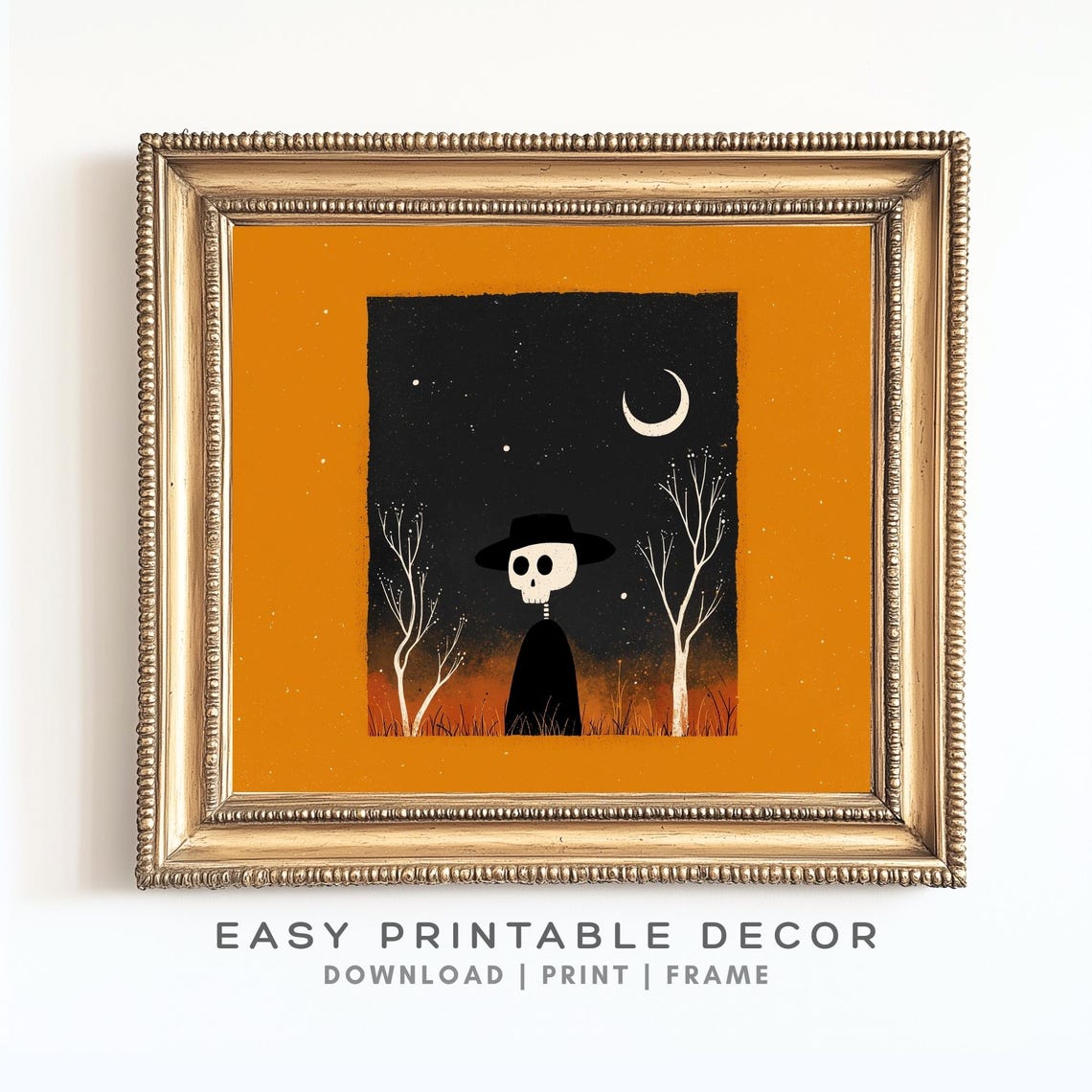 Cute Skeleton Night Moon Halloween Folk Art Orange Black Poster