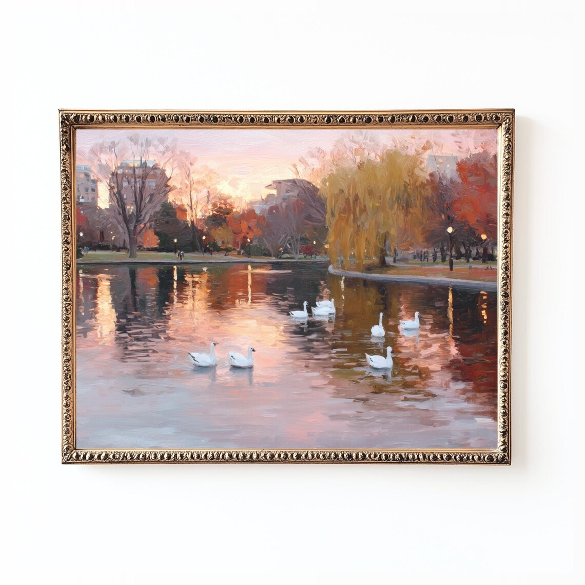 Autumn Lake Swans Art Print, Rustic Farmhouse Landscape
