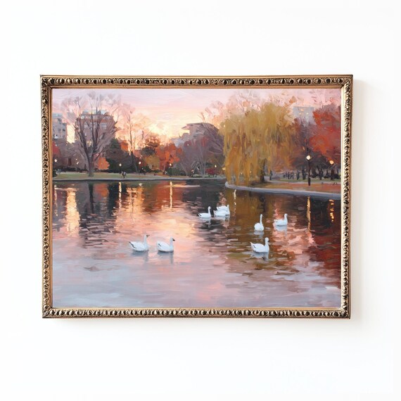 Autumn Lake Swans Art Print, Rustic Farmhouse Landscape
