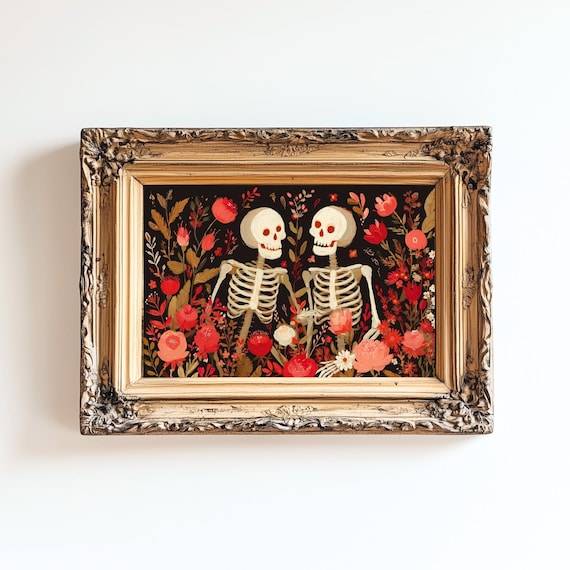 Vintage Halloween Skeleton Couple Print Spooky Autumn Decor