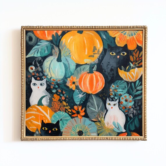 Halloween Cat Pumpkin Floral Print Whimsical Fall Decor