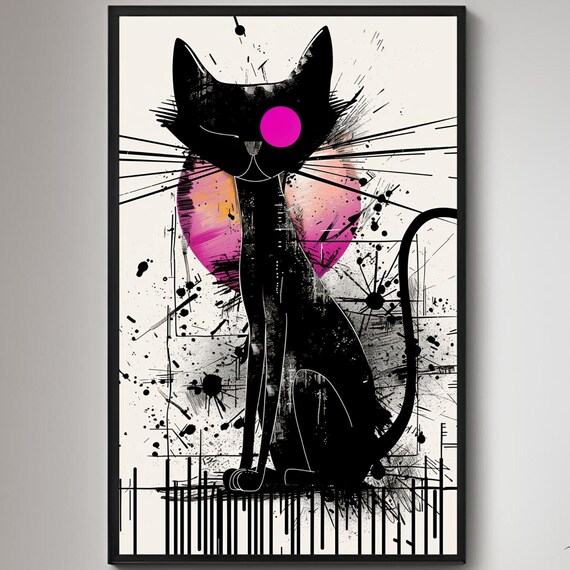 Minimalist Black Cat Poster Illustration Print Wall Art Instant