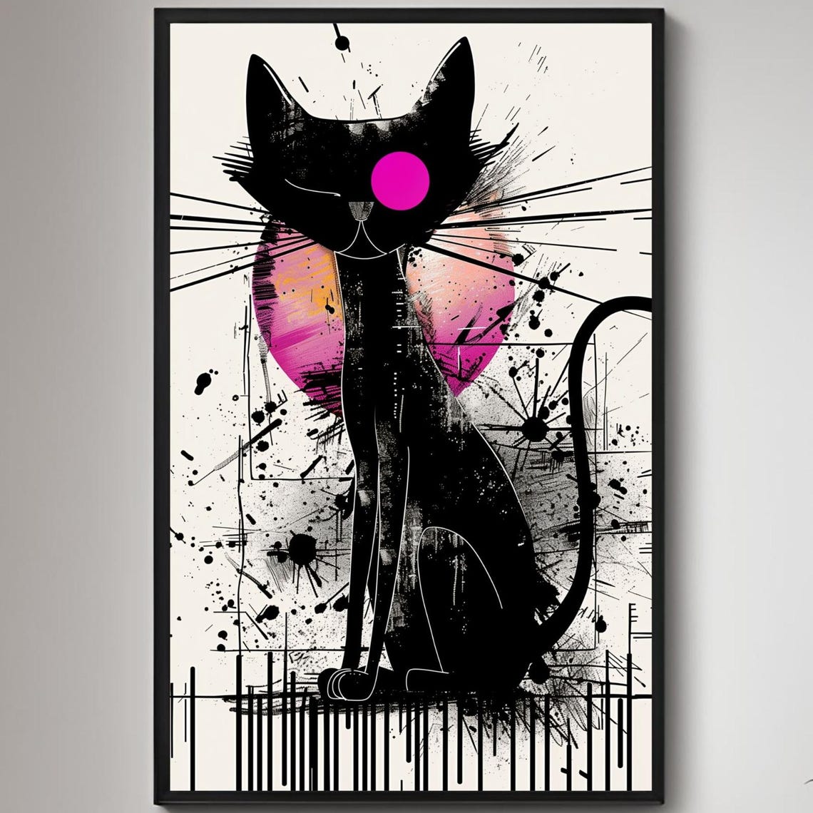 Minimalist Black Cat With Pink Sun Abstract Line Art Cat Poster