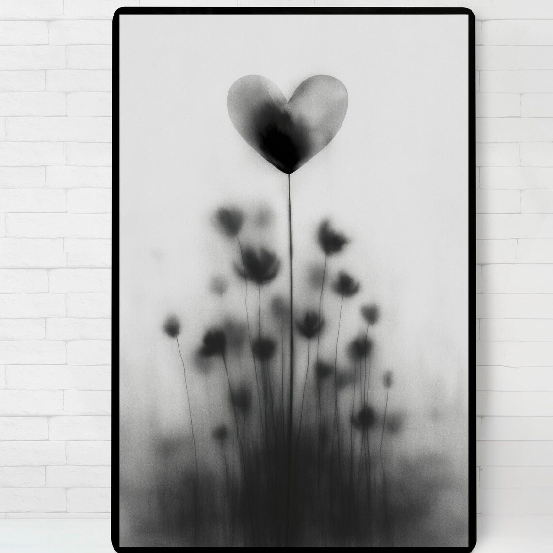 Black White Heart Flower Minimalist Art Print Soft Bloom Romance Wall Decor