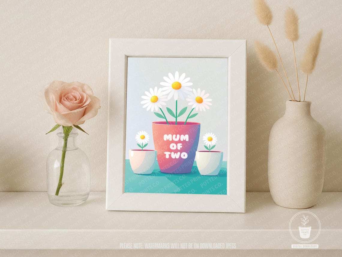 Mum Of Two Daisy Bouquet Pastel Plant Pot Poster For Mother's Day Gift