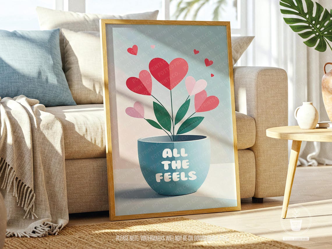 All the Feels Heart Flower Pot Cute Love Quote Wall Decor Poster