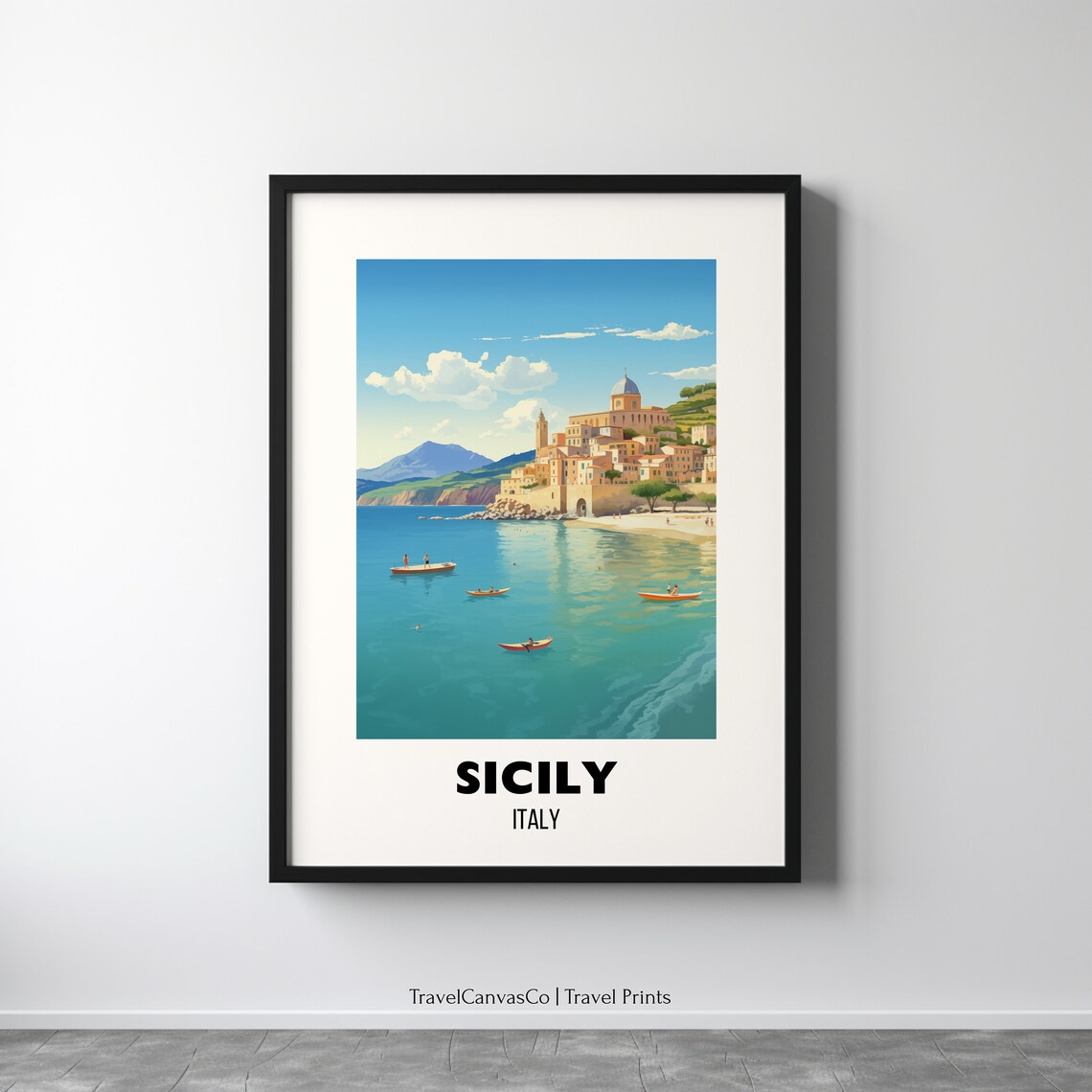 Sicily Italy Coastal Town Turquoise Sea Boats Vintage Travel Poster