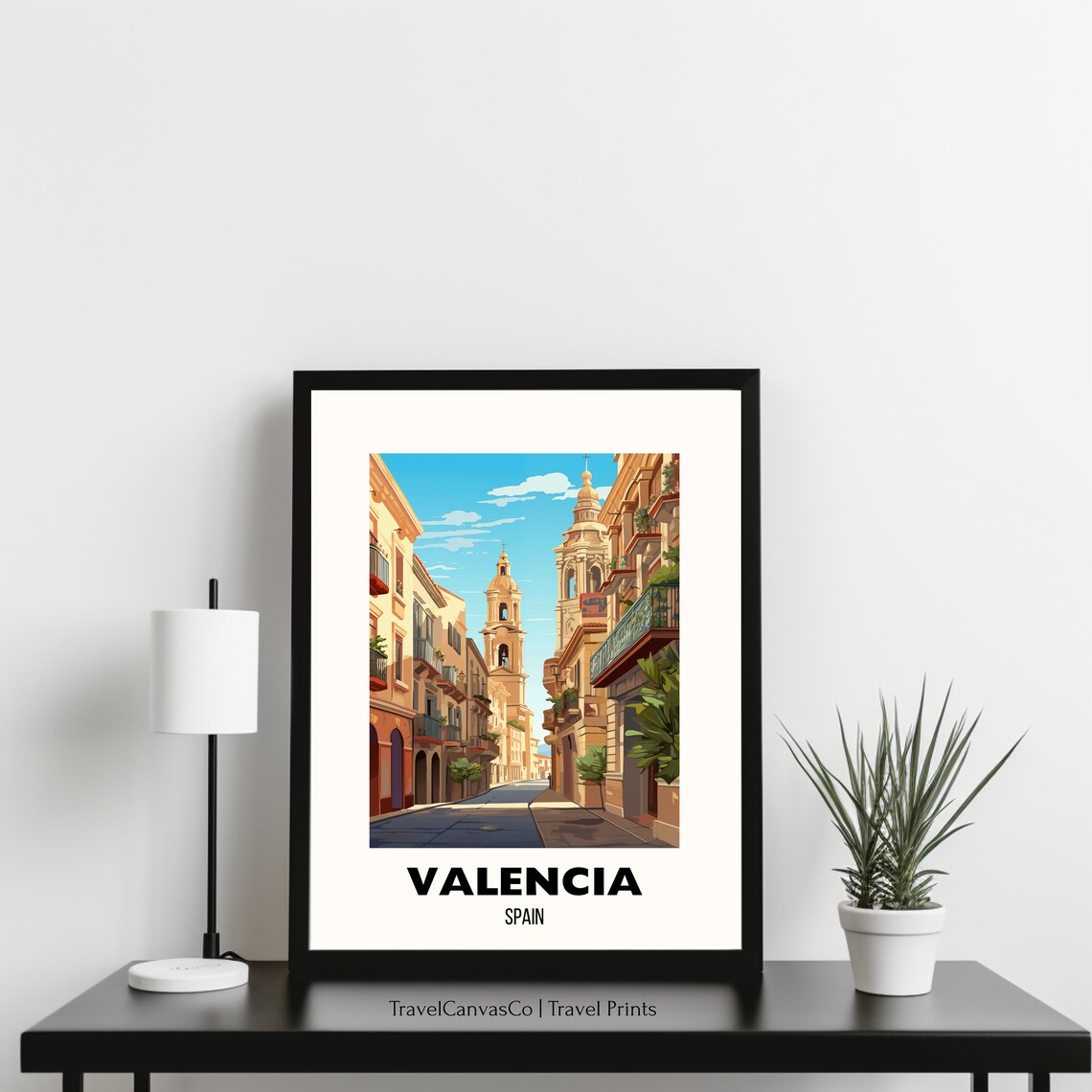 Valencia Spain Old Town Street Church Bell Towers Golden Travel Poster - Image 3