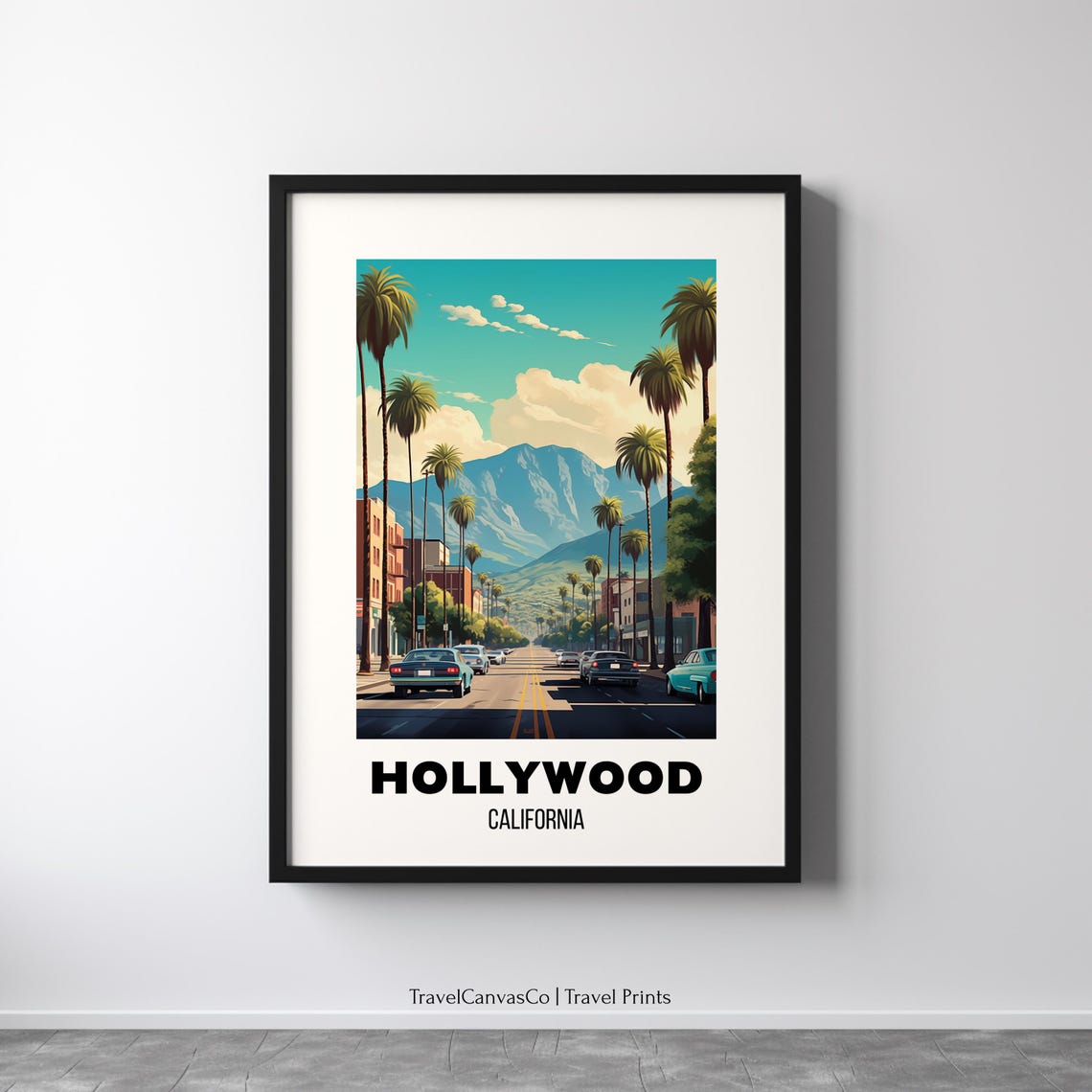 Hollywood California Palm-Lined Street Vintage Cars Travel Poster