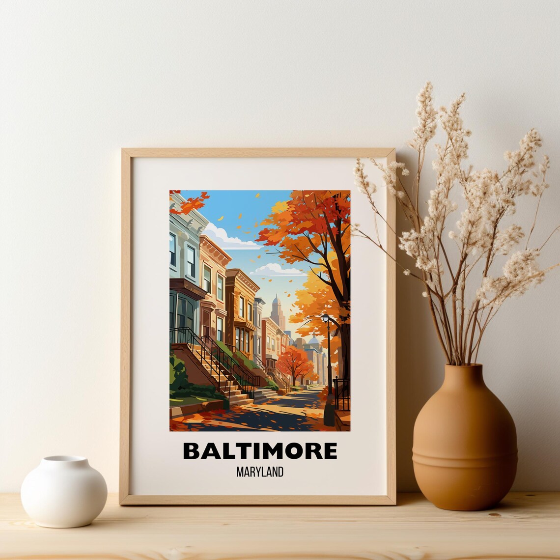 Baltimore Maryland Autumn Street Rowhouses Fall Travel City Poster - Image 2