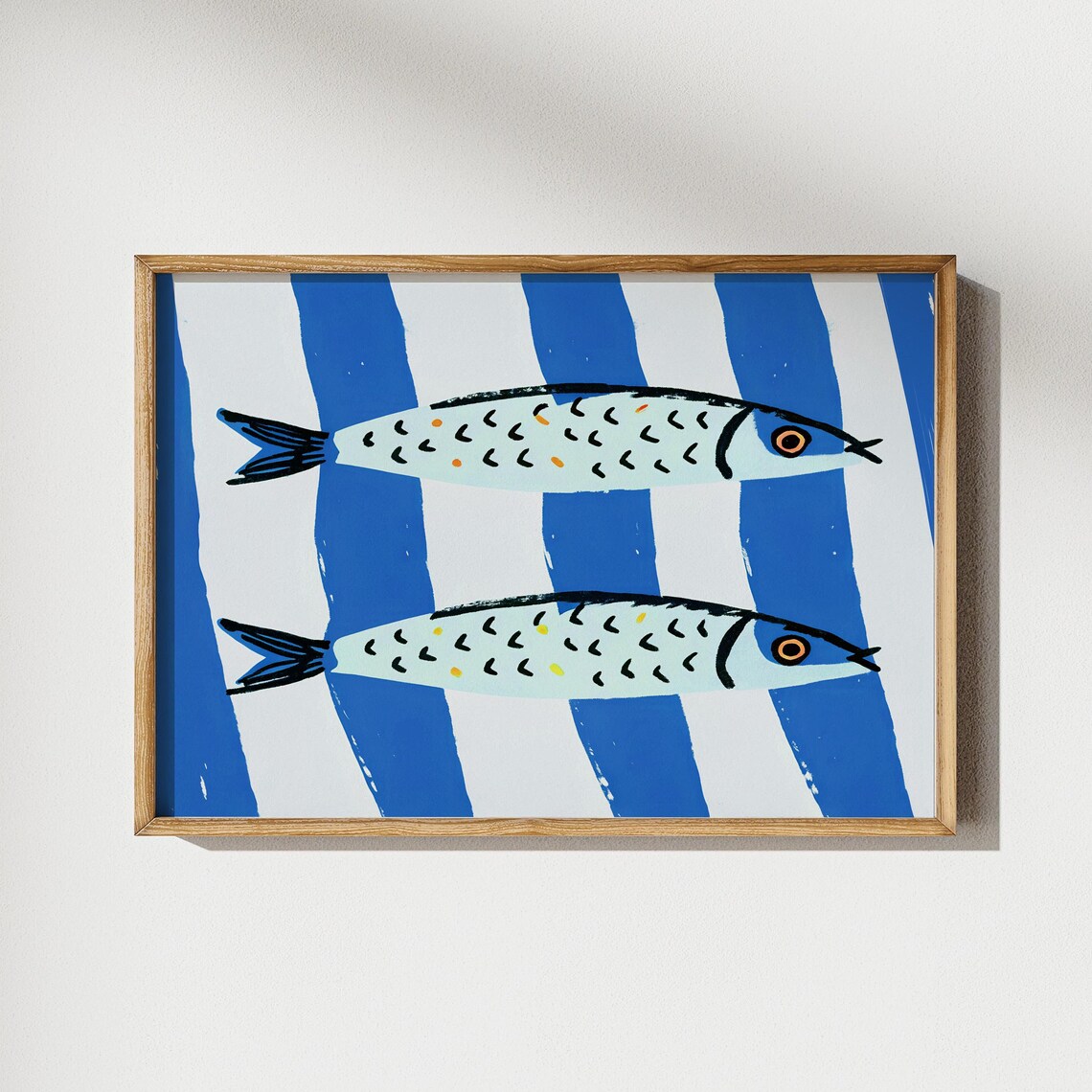 Hand Drawn Sardines on Blue Stripes Mediterranean Kitchen Wall Art Poster