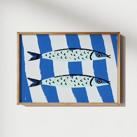 Hand Drawn Sardines on Blue Stripes Mediterranean Kitchen Wall Art Poster
