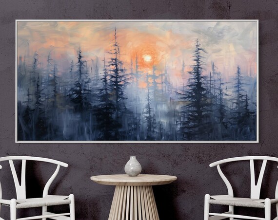 Sunrise In Foggy Forest Panoramic Landscape Wall Art Print Atmospheric Art For Above Bed Decor Gothic Forest For Home Decor
