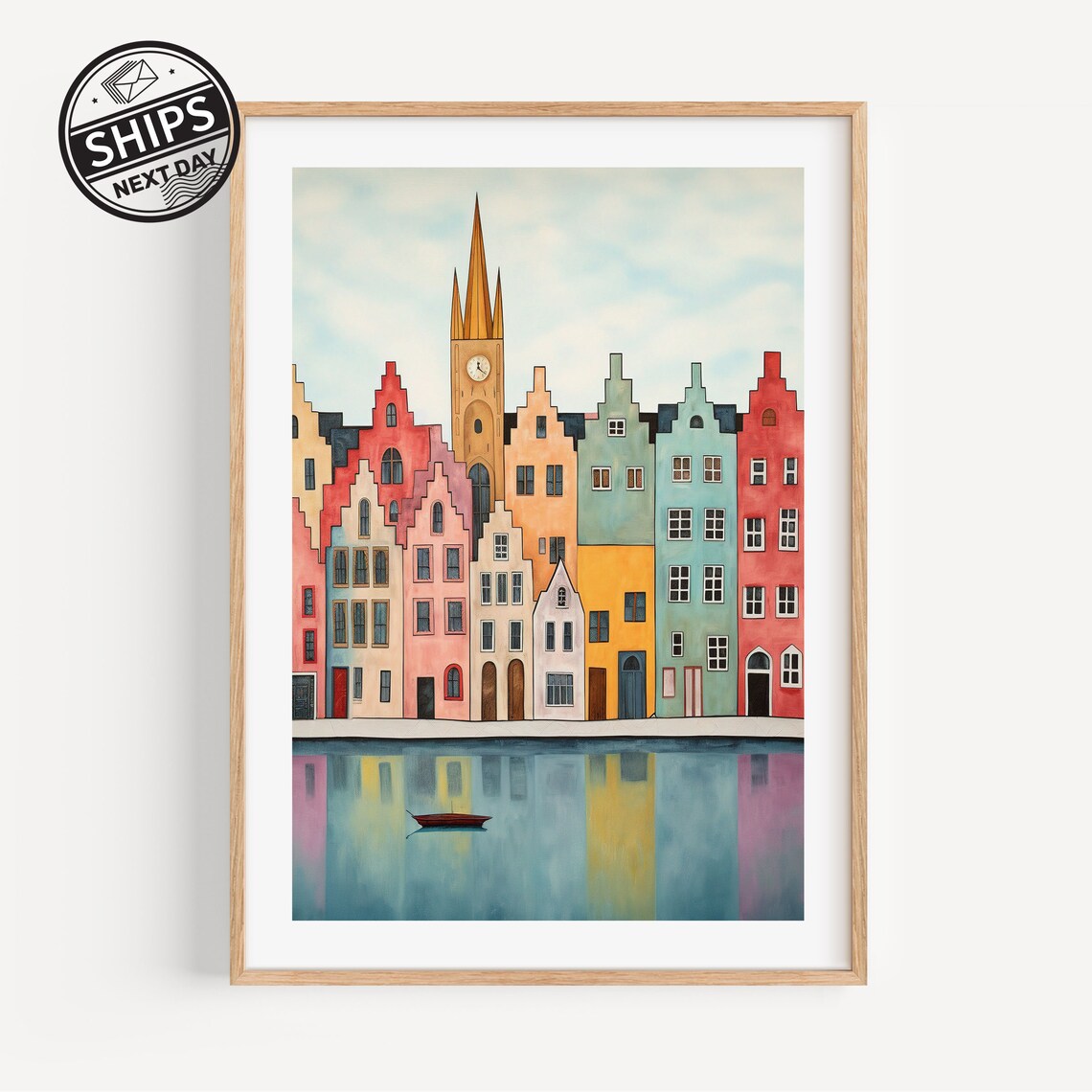 Bruges Belgium Watercolor Travel Poster, Modern Art
