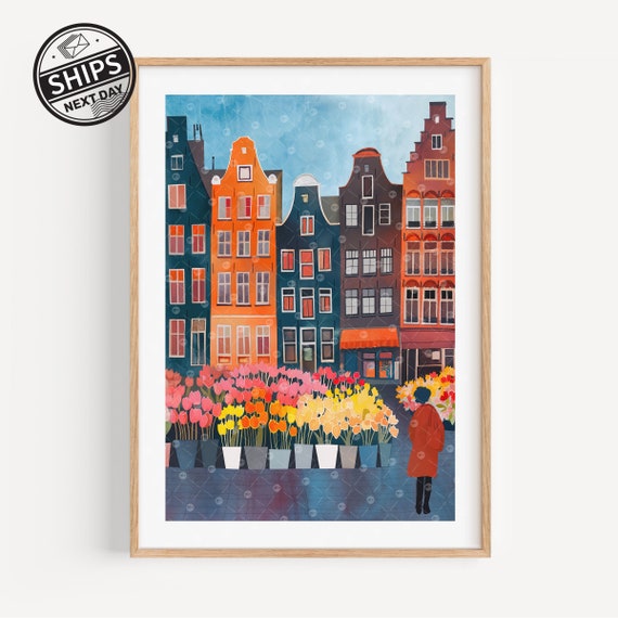 Flower Market Amsterdam Travel Poster, Floral Illustration