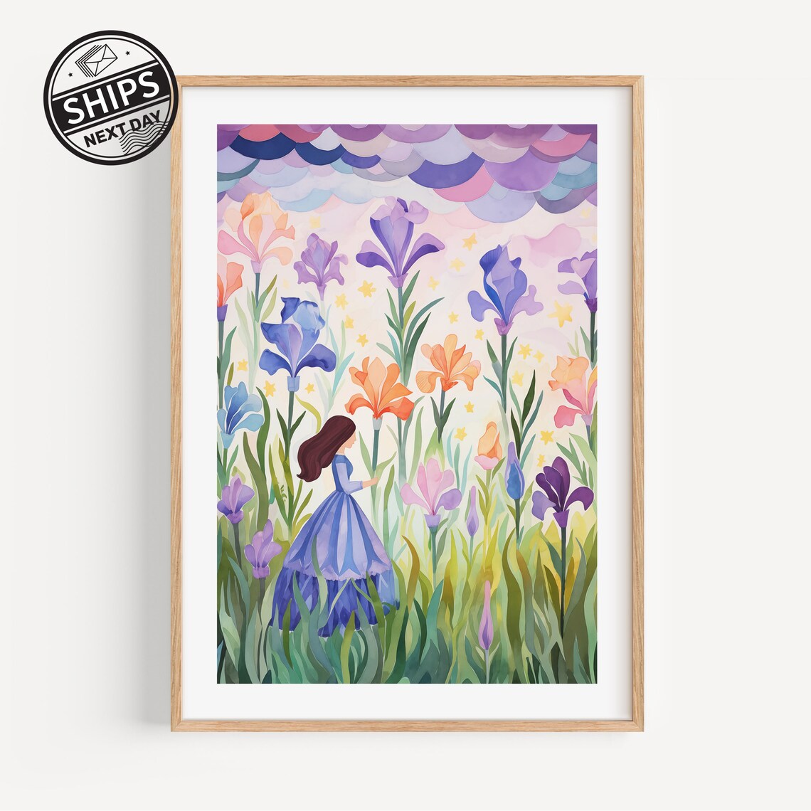 Whimsical Iris Flower Garden Girl Watercolor Fantasy Art Print