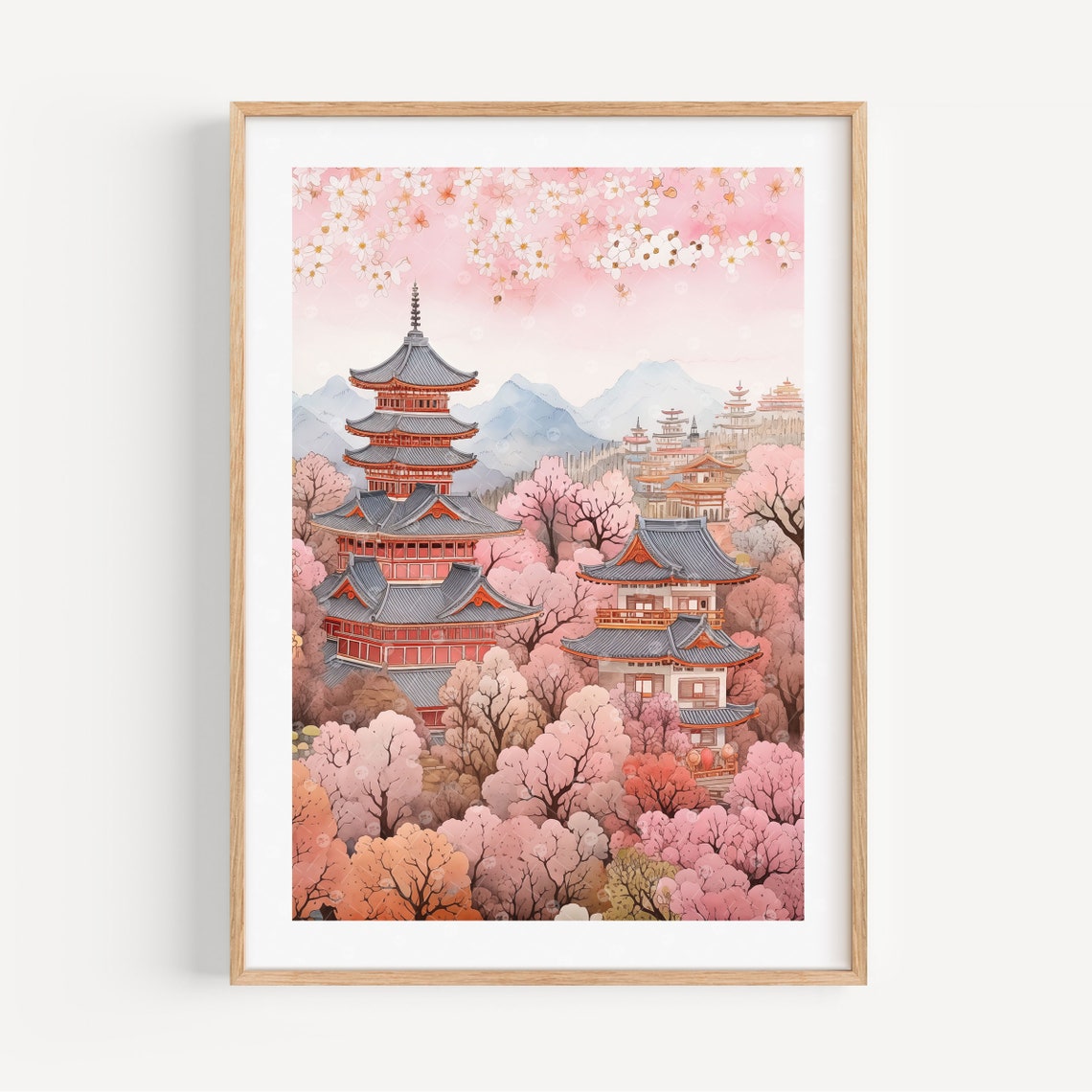 Japan Cherry Blossom Red Pagoda Temple Spring Watercolor Poster