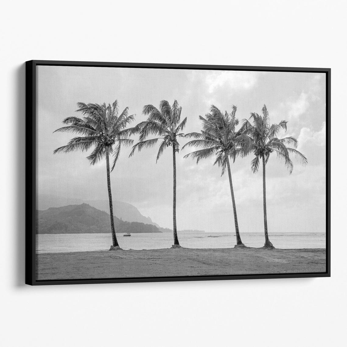 Black And White Palm Trees Beach Sea Cliffs Ocean View Hawaii Poster - Image 2