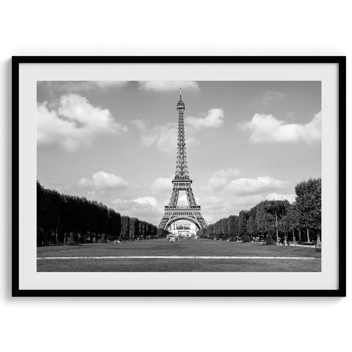 Black And White Eiffel Tower Paris Champ De Mars Trees Sky Poster