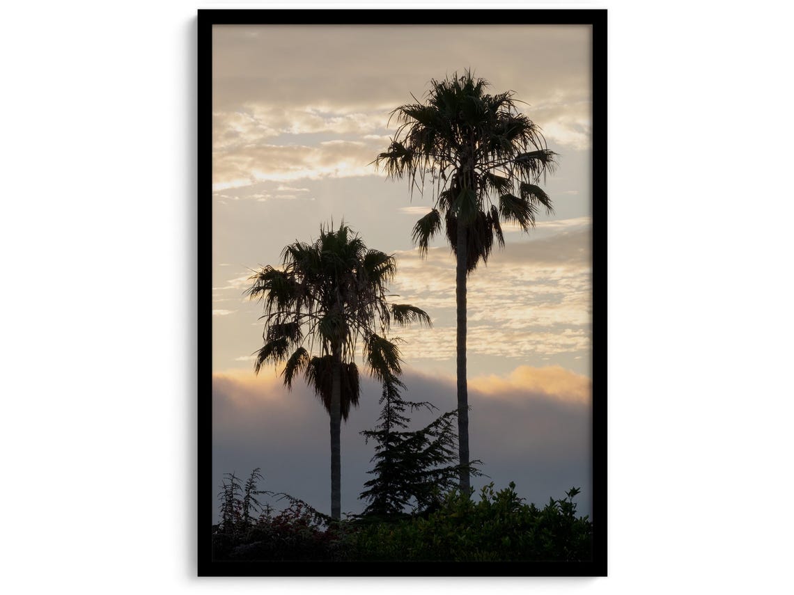 Two Palm Trees Silhouetted Against Golden Sunset Sky Coastal Wall Art - Image 2