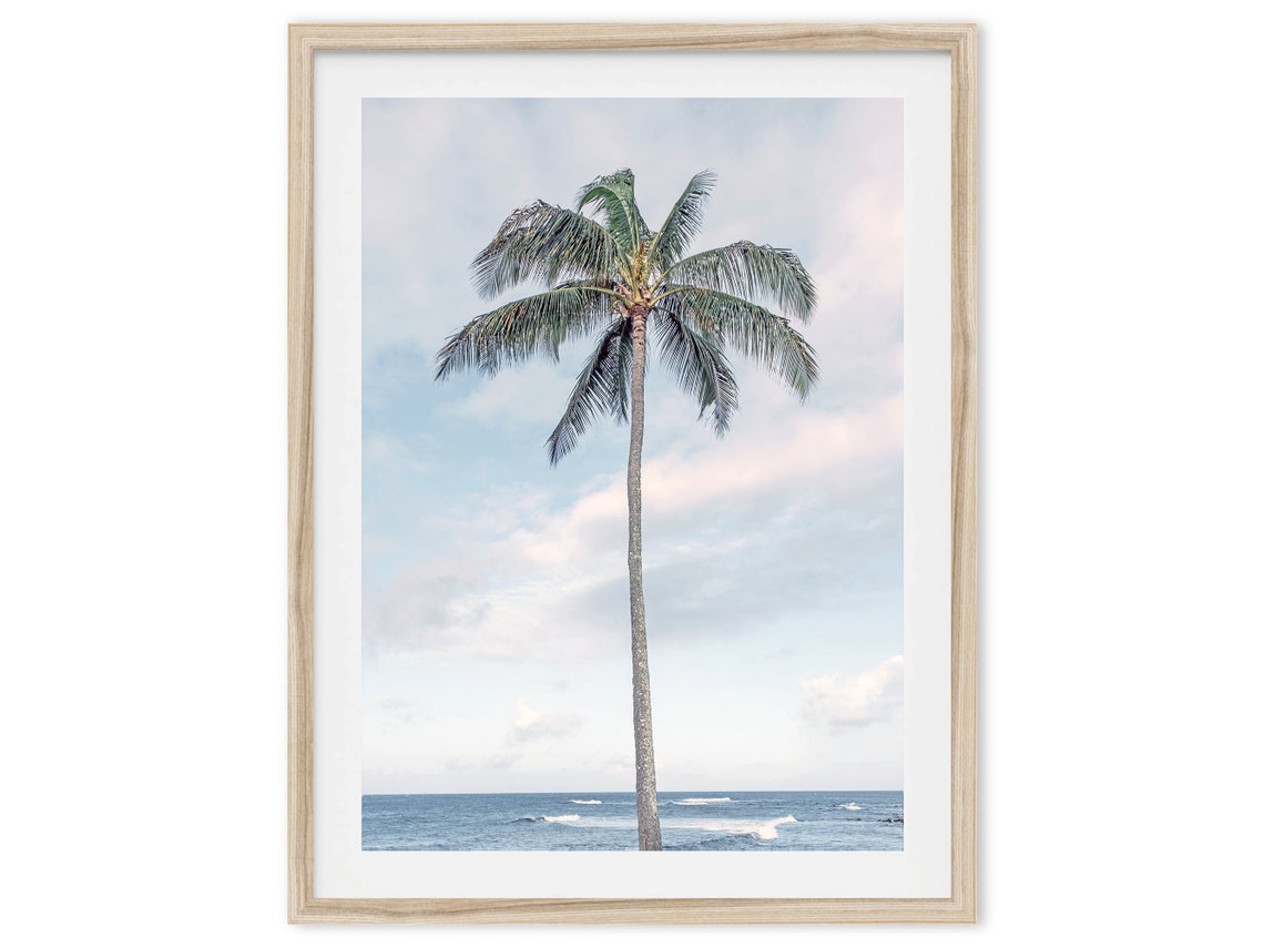 Palm Tree Over Ocean Surf Soft Pastel Sky Coastal Beach Travel Poster