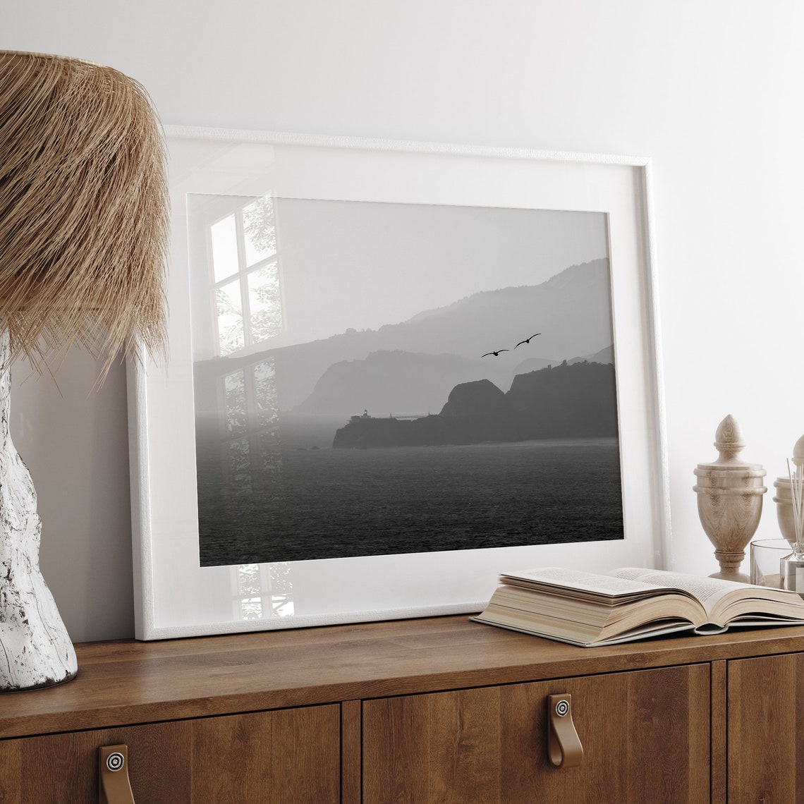 Black And White Seabirds Flying Over Misty Coastline Cliffs Poster - Image 3