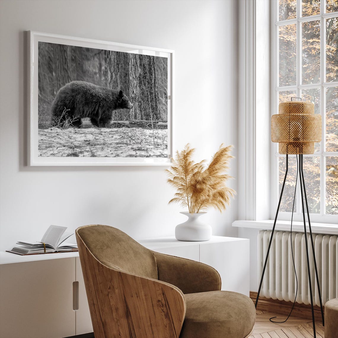 Black Bear Walking Snowy Forest Black And White Wildlife Art Poster - Image 4