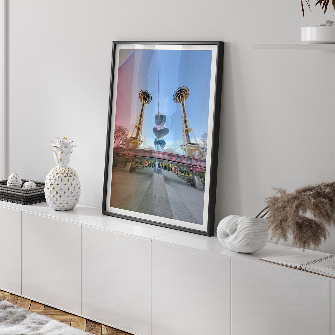 Space Needle Mirror Reflection Seattle Center Blue Sky City Poster - Image 2