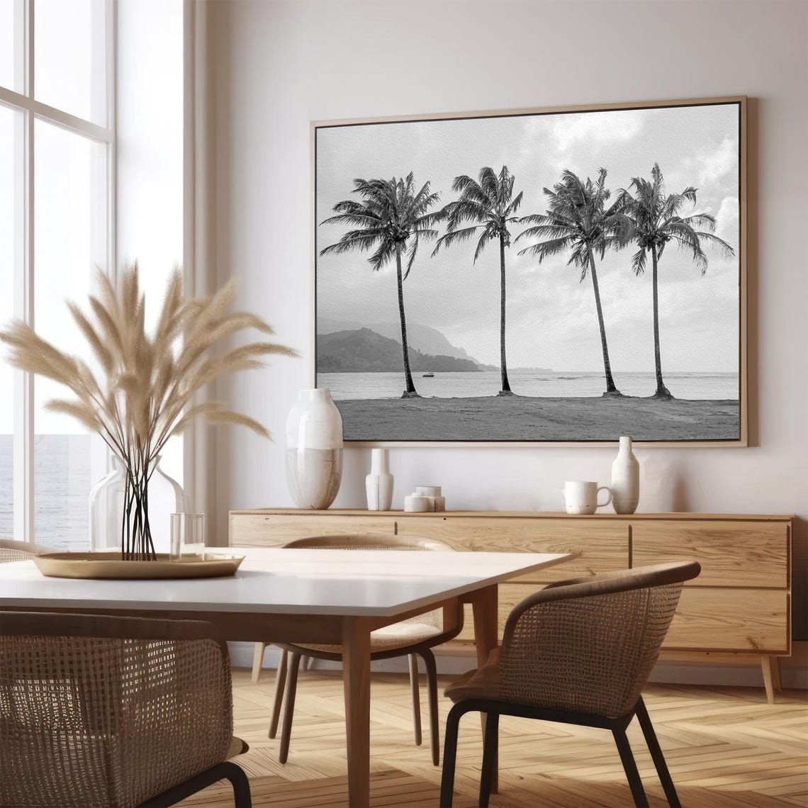 Black And White Palm Trees Beach Sea Cliffs Ocean View Hawaii Poster - Image 5