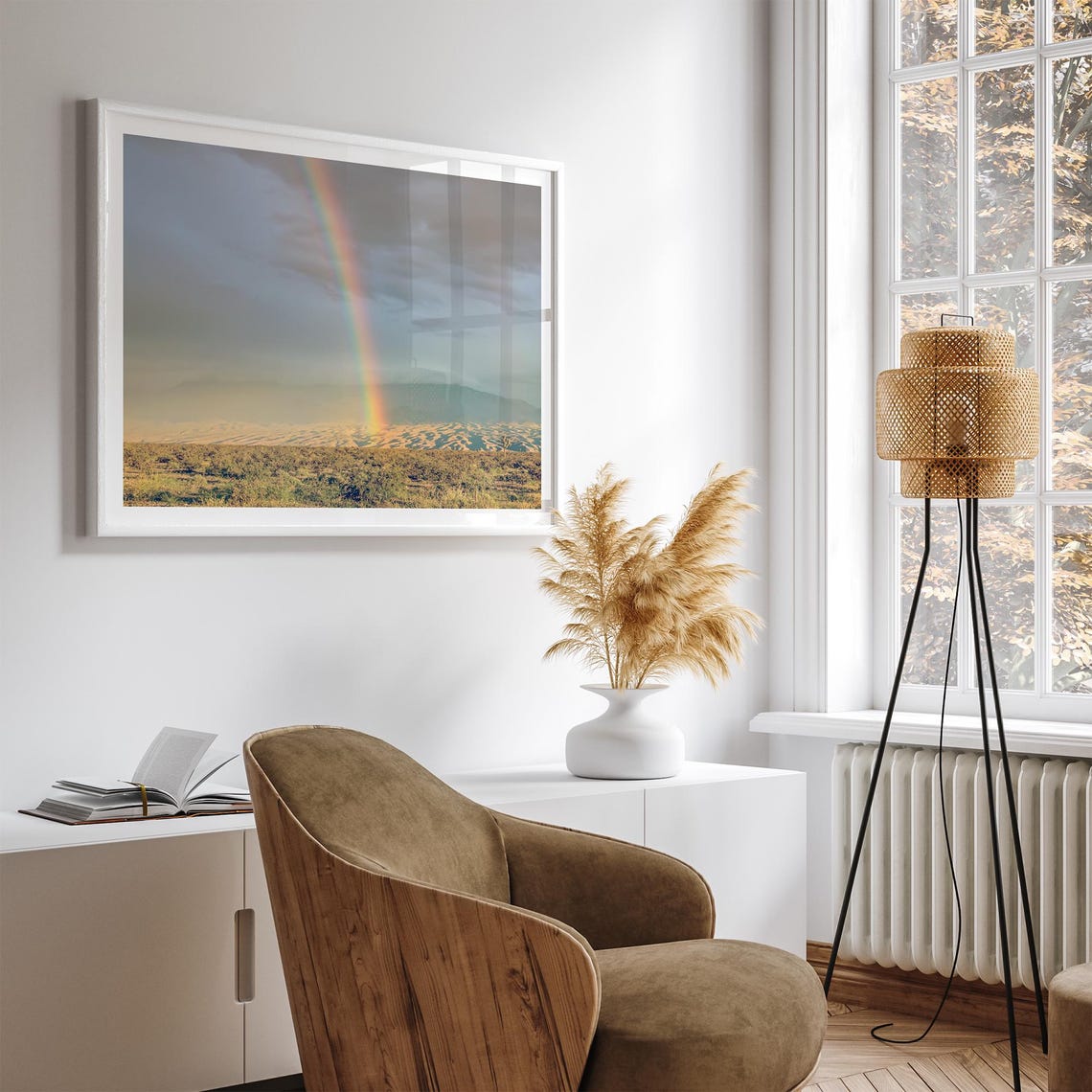 Desert Rainbow Over Sand Dunes Storm Clouds Golden Light Poster - Image 4