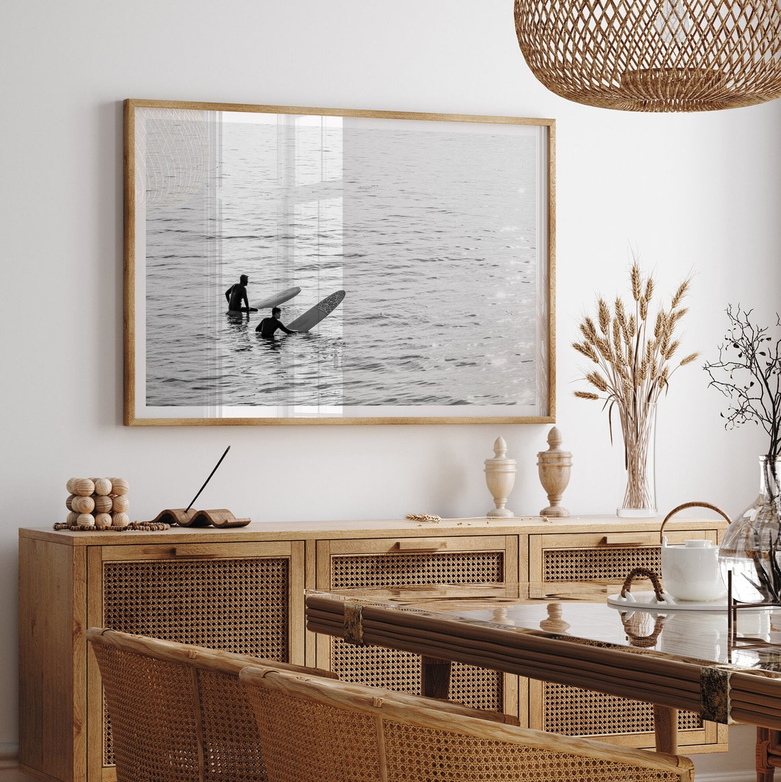 Black And White Surfers Waiting Ocean Longboard Surf Photo Poster - Image 4